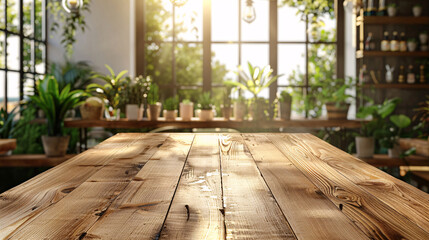 Wooden tabletop in a bright and modern restaurant, perfect for placing products or food