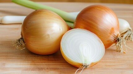 Two yellow onions on a wooden cutting board with one onion sliced in half