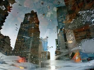 Obraz premium surreal cityscape with buildings reflected in puddles creating a mirrorlike effect distorted reflections blend reality and illusion in an urban setting