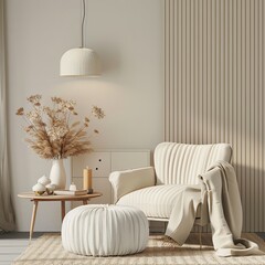 A modern, cozy interior with a striped chair and simplistic decor, serving as an abstract concept for comfort and an ideal wallpaper or background