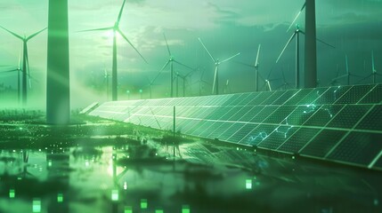 sustainable green energy concept with wind turbines and solar panels abstract background