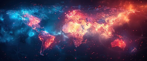 Fototapeta premium World Map with Glowing Lines and Points