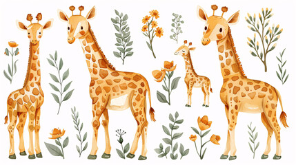 Fototapeta premium Adorable giraffe sticker set with various expressions on white background
