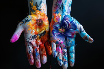 Vibrant floral hand painting with colorful flowers, showcasing art, creativity, and expression against a dark background.