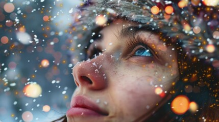 Delight and wonder on a woman's face as she watches New Year fireworks in a snowy park, her eyes wide and reflecting the colorful display