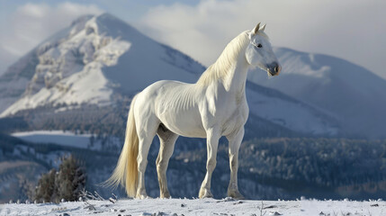 A white horse stands majestically on a snowy landscape with mountains in the background, exuding a sense of strength and serenity in the cold environment.