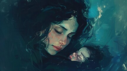 Fototapeta premium tender melancholy young mother cradling newborn exploring the depths of postpartum depression with compassion emotive digital painting