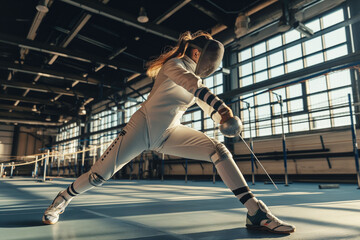 Female fencer lunging with foil in a brightly lit indoor arena