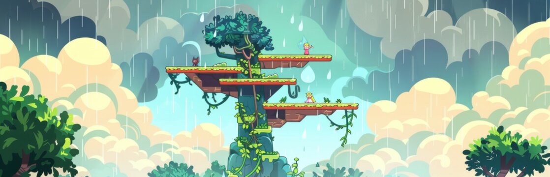 Vibrant 2D platformer game background. Lush treetop world in the rain