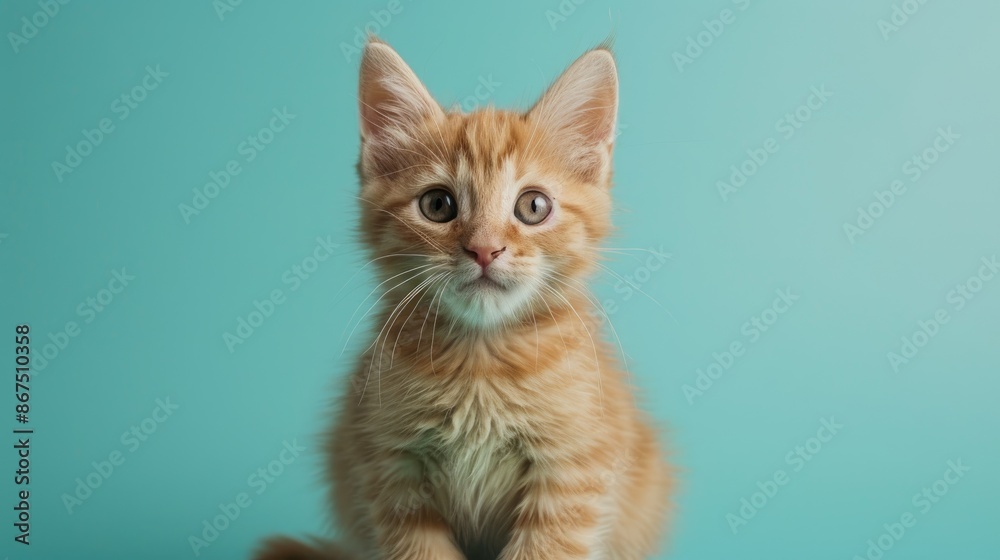 Poster young adorable feline on mint backdrop in a studio