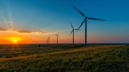 Sunset Silhouette of Wind Turbines in a Field