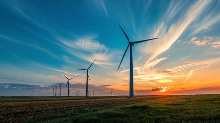 Sunset Silhouette of Wind Turbines in a Field