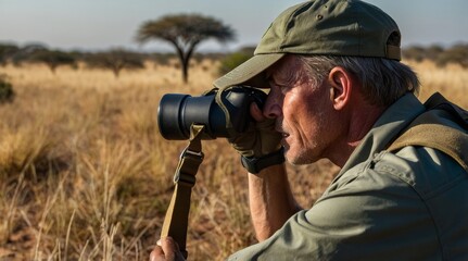 Obraz premium South Africa ranger looking through binoculars in sear
