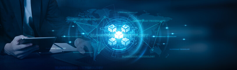 Blockchain, Businessman using laptop and analysis blockchain technology with significant growth on security, efficiency, transparency, decentralization, and financial transactions on global network.