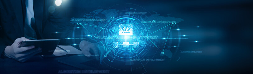 Businessman using laptop and analysis algorithm development with business growth on data analytics,...
