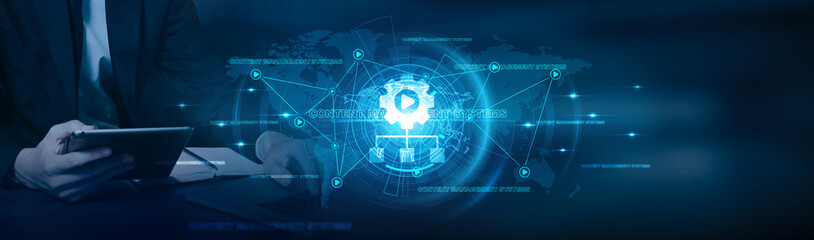 CMS, Businessman using laptop and content management systems to streamline business operations with...