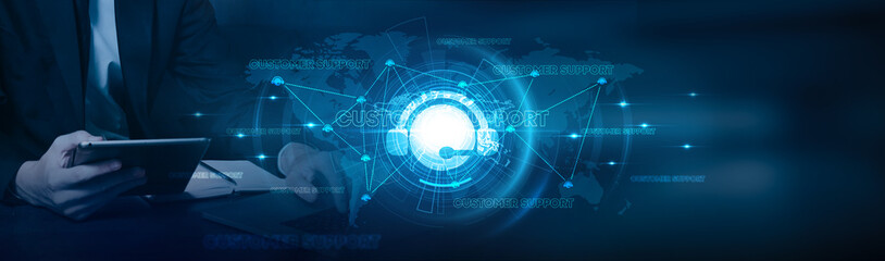 Customer support. Businessman using laptop and providing customer support with significant growth on communication, efficiency, satisfaction, productivity, and customer experience on global network.