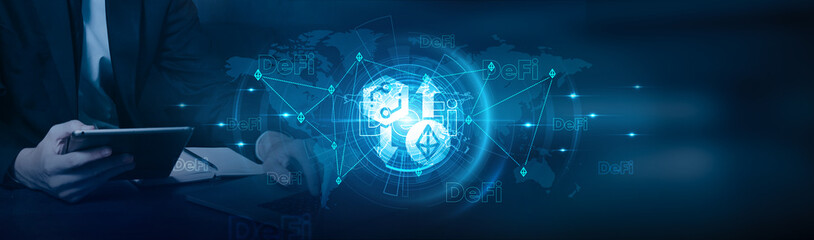 Decentralized finance. Businessman using laptop and DeFi growth on cryptocurrencies, blockchain,...