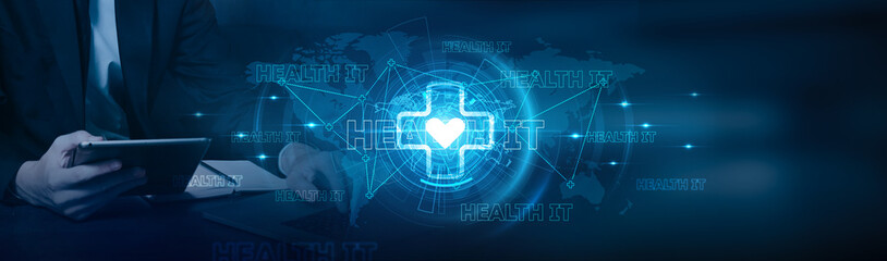 Health informatics. Businessman using laptop and health IT with rapid growth on technology, innovation, efficiency, data security, and network integration on global network.