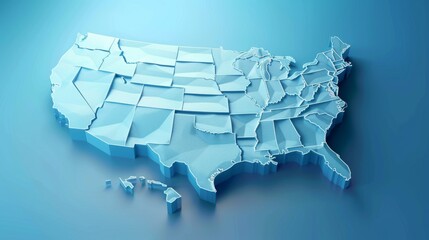 An elegant 3D visual map of the United States in cool blue tones, delicately showing the borders and state divisions with sharpness and precision.
