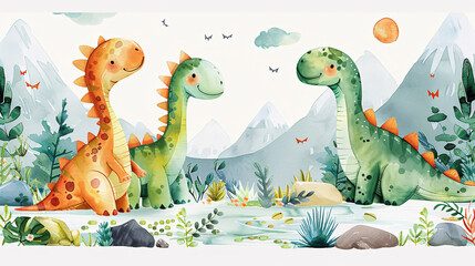 Cartoon watercolor dinosaurs for children's room wall stickers on white background