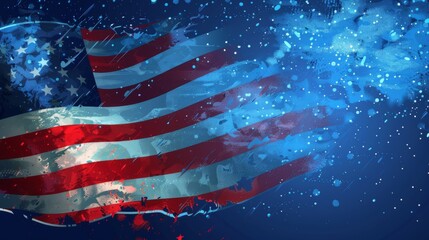 A grunge-style American flag image characterized by dynamic blue splashes and textures, capturing a raw and unrefined patriotic spirit with a modern artistic flair.