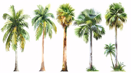 Collection of hand-painted tropical palm trees in watercolor on white background
