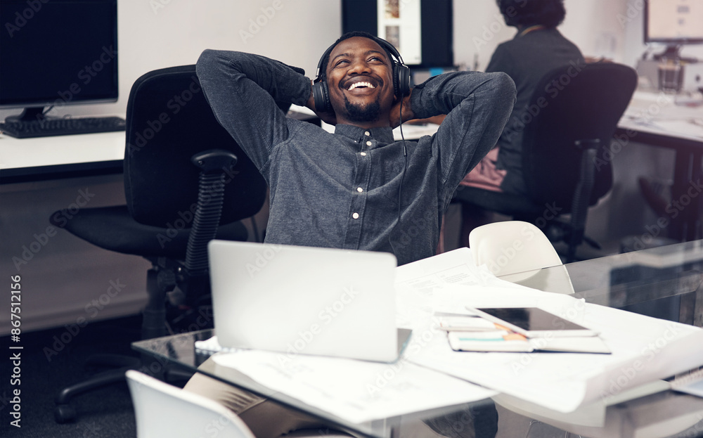 Poster headphones, relax and black man with laptop in office listening to podcast with finished architectur