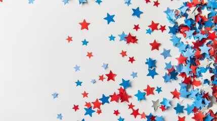 Fototapeta premium This image features an array of red, white, and blue stars scattered on a white background, symbolizing festivities, unity, and celebration, ideal for patriotic themes and designs.