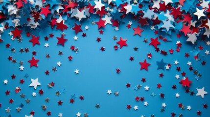 This image shows a festive assortment of red, white, and blue star-shaped confetti scattered across a vibrant blue background, ideal for celebrations or patriotic themes.