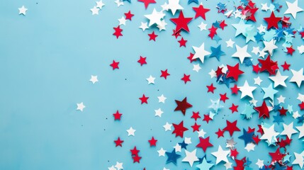 The image displays a scattered collection of red, white, and blue star confetti on a blue backdrop, evoking themes of celebration and patriotic spirit, perfect for festive events.