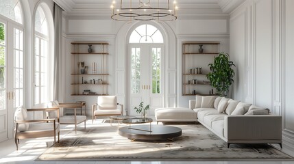 Large luxury modern bright interiors Living room mockup illustration 3D ing image