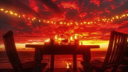A beautifully arranged wooden table and chairs with LED candles under a bright red and orange sunset sky, creating a luxurious setting for a romantic couple.