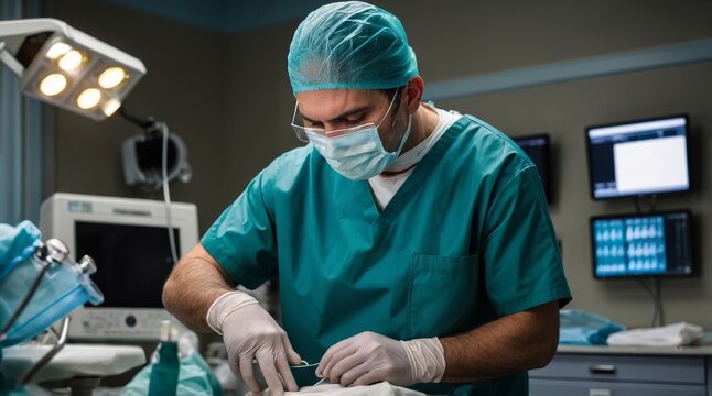 Male surgeon tying mask at operating room
