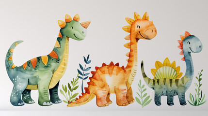 Naklejka premium Cute and colorful watercolor dinosaurs for birthday party clipart on white background
