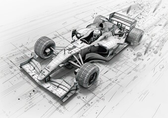 Futuristic Race Car Blueprint Design - Detailed wireframe design of a futuristic race car on blueprint background, showcasing precision engineering and innovation.