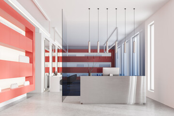 Colored beauty salon interior with reception desk and panoramic window