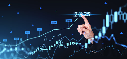 Hand pointing at futuristic financial graph with year numbers on dark background, showing future growth and success in business