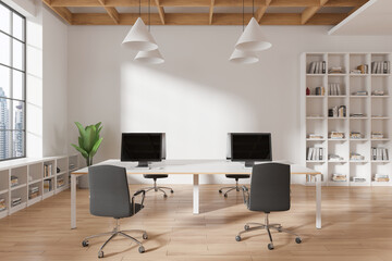 Office coworking interior with pc computers and shelf, panoramic window