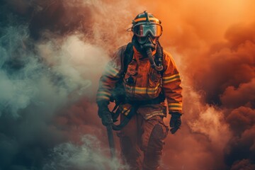 Fototapeta premium Firefighter in Hazmat Suit Amidst Smoke and Flames