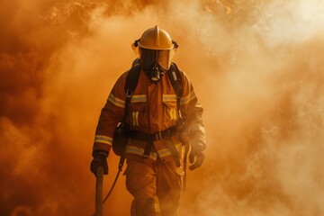 Naklejka premium Firefighter in Full Gear Walking Through Smoke