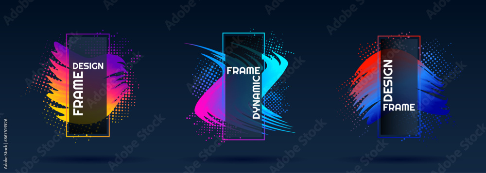 Wall mural vector frame for text. modern art graphic. dynamic frame. wavy shape and halftone shadow dots. eleme