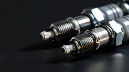 Close up of nickel electrode spark plugs for gas engines in an automotive repair setting on a black background