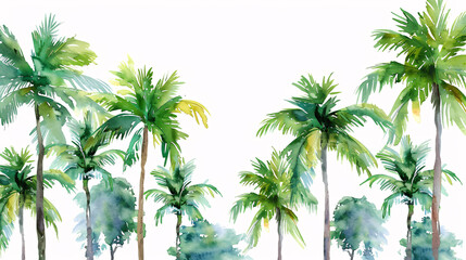 Hand-drawn watercolor style tropical palm trees on white background