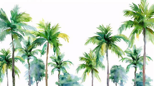 Hand-drawn watercolor style tropical palm trees on white background
