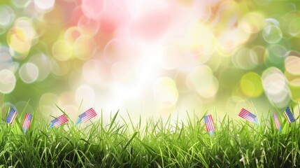 Fototapeta premium An enchanting grass field decorated with small American flags under a beaming sunlight effect, conveying themes of hope, patriotism, and the beauty of nature through artistic lens.