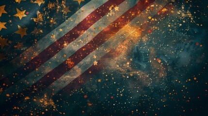 A dynamic abstract artwork featuring the US flag with vibrant glowing stars and striking colors, representing a mix of patriotic fervor and contemporary artistic expression.
