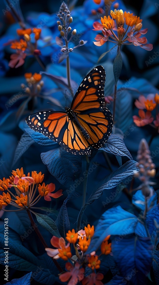 Wall mural orange monarch butterfly and colorful flowers in a blue foliage fairy tale garden