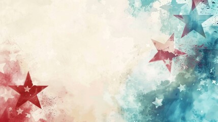 This image features an abstract mix of red and blue stars against a textured background, with a balanced blend of soft, watercolor-like hues, and detailed star shapes.