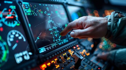 Pilot's Hand Navigating a Digital Airplane Cockpit